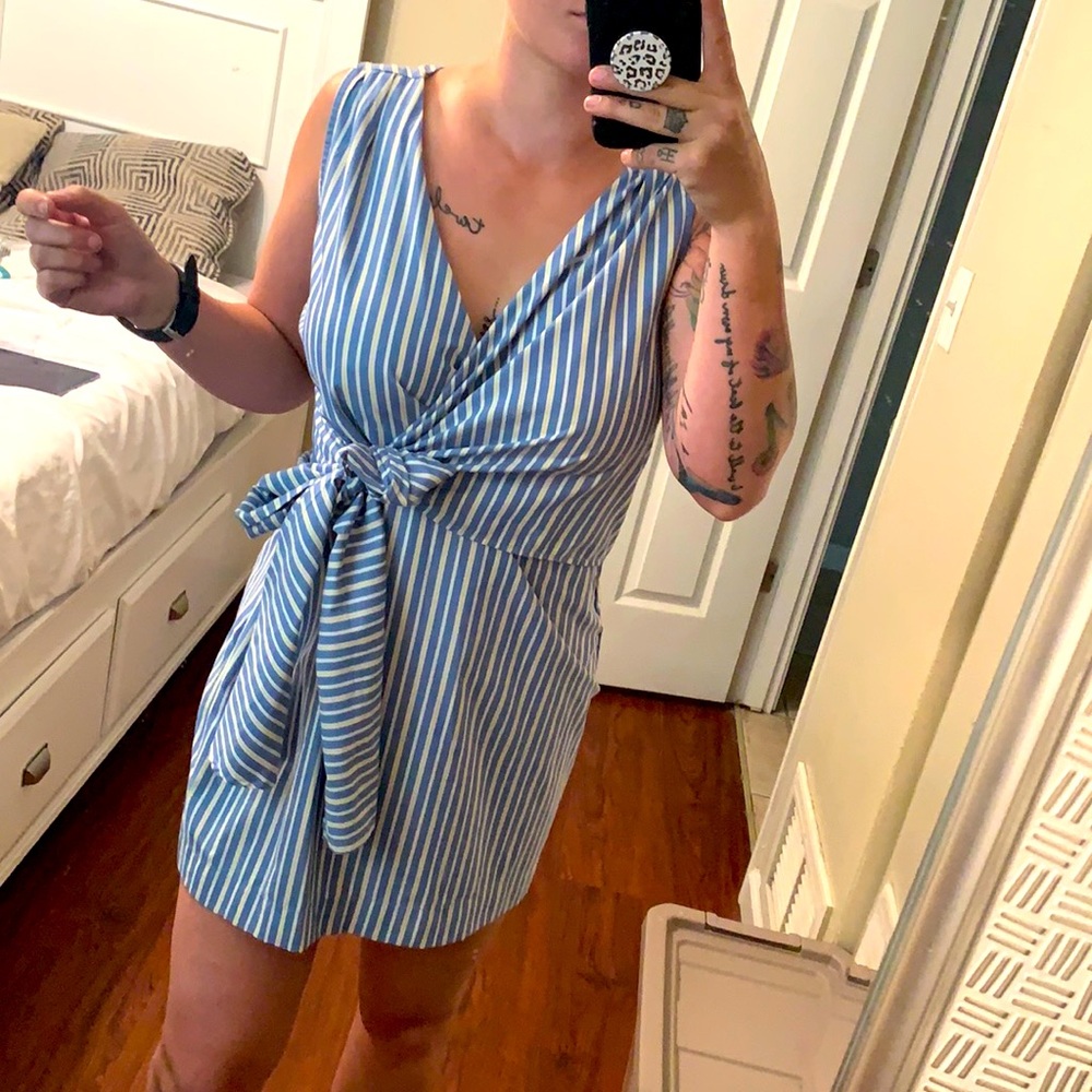 Cross front blue striped dress